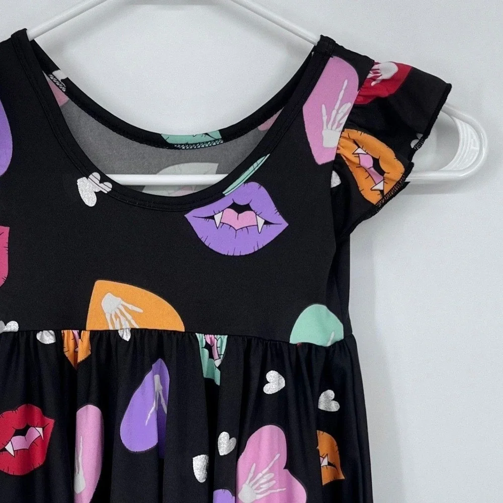 Dot Dot Smile‎ Dress Kids 2T Black Vampire Lips Hearts Flutter Sleeve Foil Print